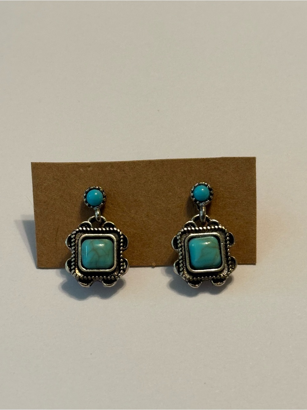 Silver Tone Boho Country Western Turquoise Square Drop Earrings